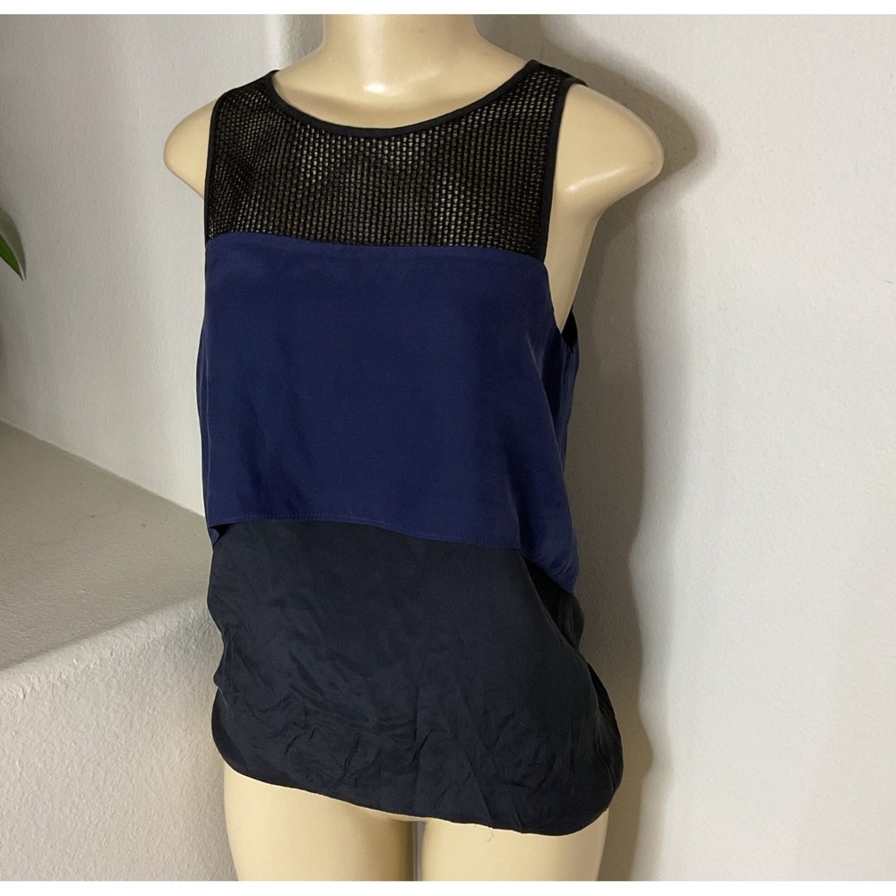Derek Lam 10 Crosby Womens Silk Tank Top Sleeveless Mesh Trim Navy Blue Black 0